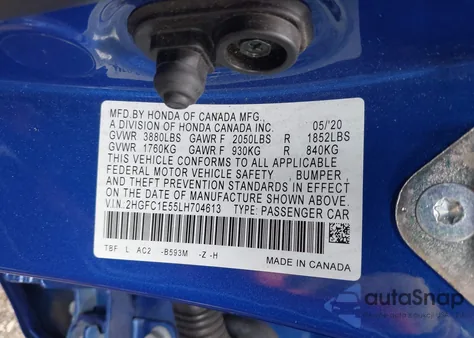 2020 Honda Civic Si Sedan из США, поврежденный, VIN 2HGFC1E55LH704613